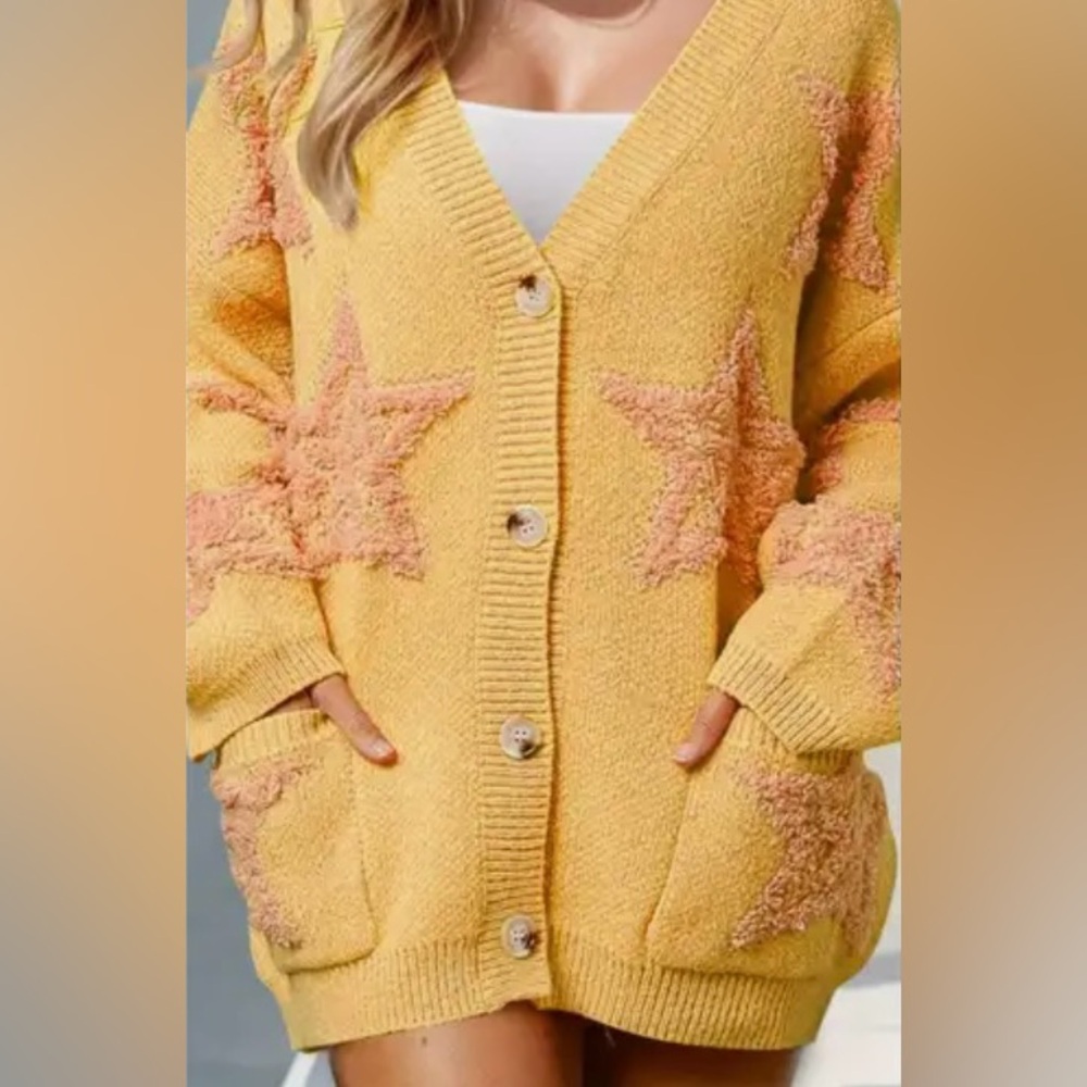 Yellow Star Patterned Chunky Cardigan Sweater - Picture 2 of 4